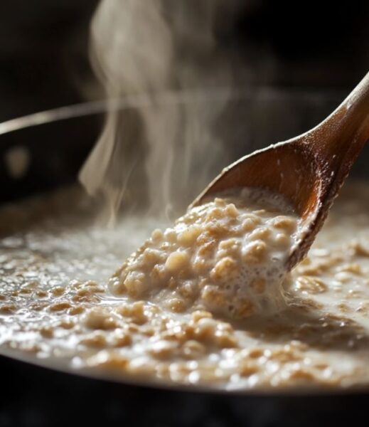 Creamy Cranberry Walnut Oatmeal cooking on the stove