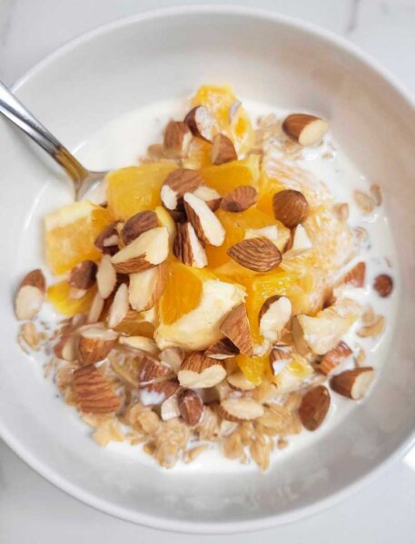 Ingredients for warm orange almond oatmeal